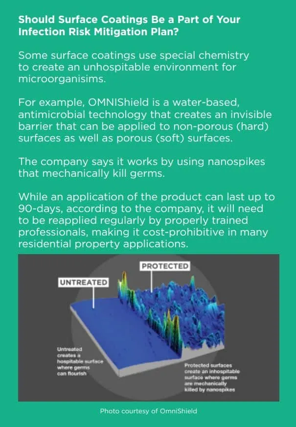 Explainer on antimicrobial surface coatings, showing a magnified comparison of an untreated surface where germs flourish against a treated surface whose nanospikes kill germs mechanically