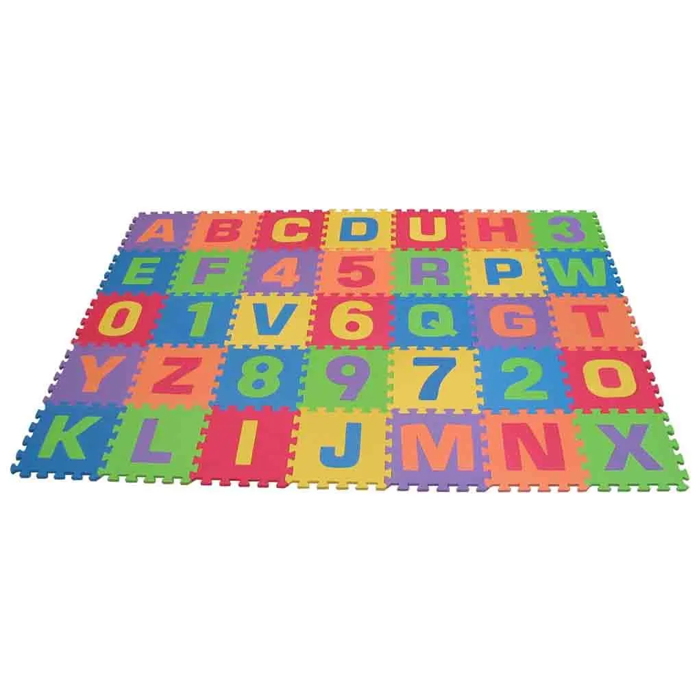 An interlocking foam play mat made of colorful letter and number tiles