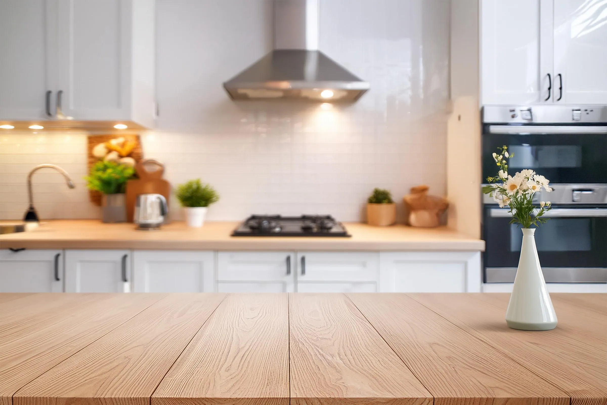 A bright, freshly cleaned kitchen with white cabinets, a wood countertop, and fresh flowers in a vase.