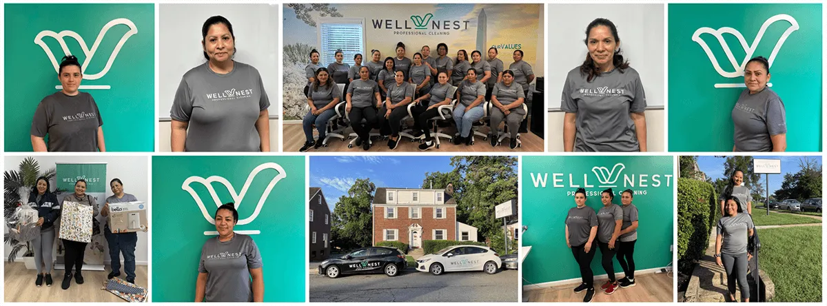 WellNest's cleaning team across a dozen photos: crew members in branded gray WellNest shirts, full-team group shots, the company's Northern Virginia office, and a WellNest-branded vehicle.