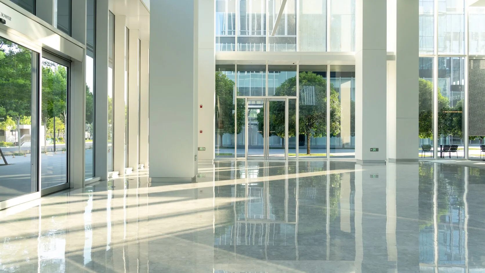 Clean, well-appointed modern office in Northern Virginia with polished floors, tidy workstations, and bright natural light.