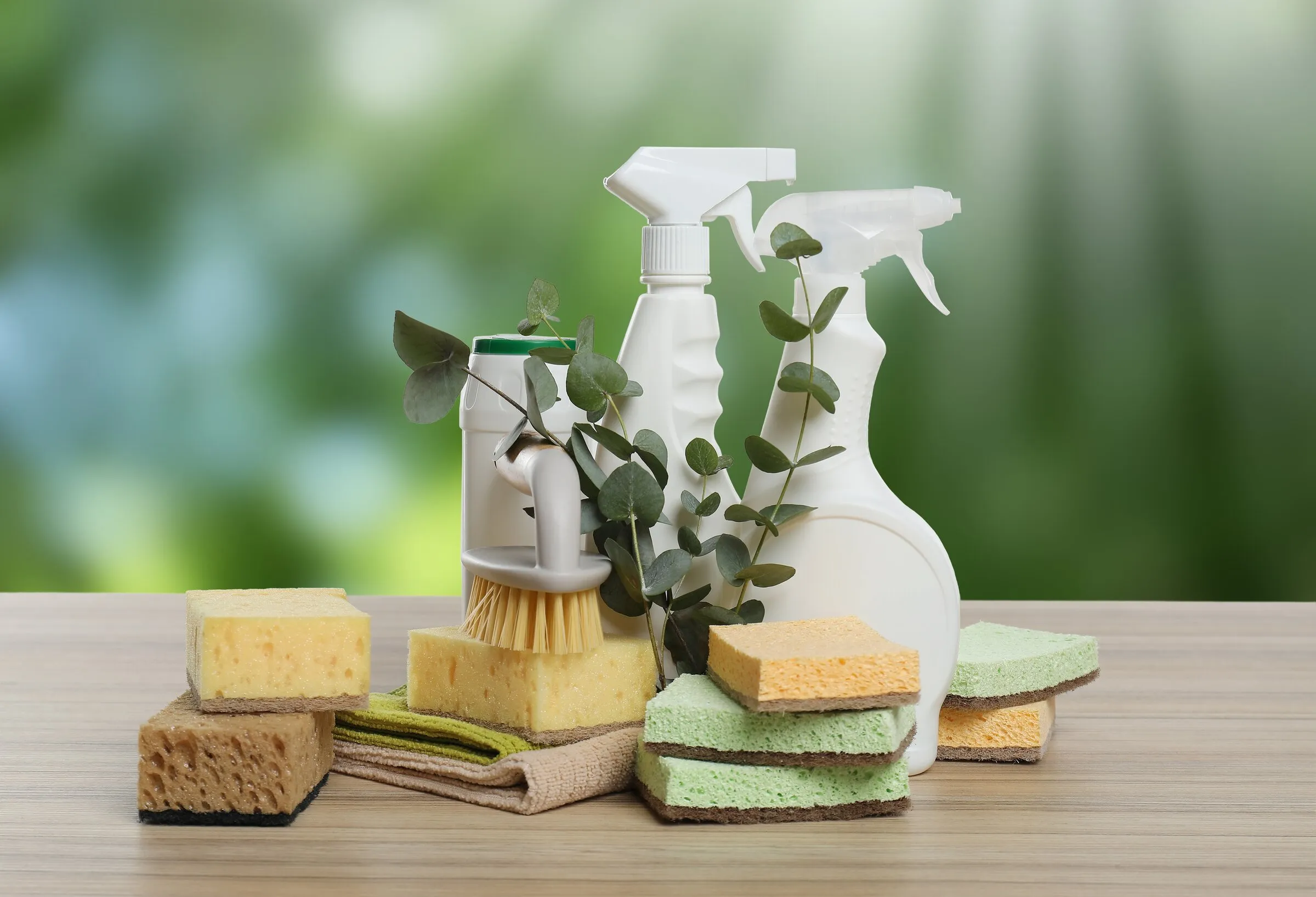 Green cleaning supplies on a counter: a spray bottle, scrub brush, and stacked sponges beside a sprig of eucalyptus.