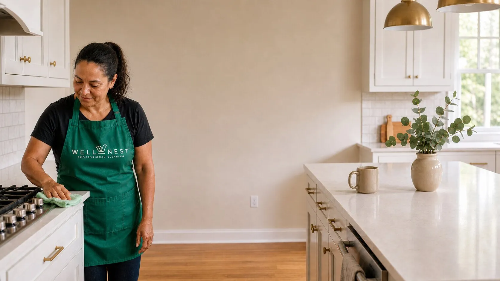 A WellNest cleaner in a green apron wiping down a bright white kitchen counter.