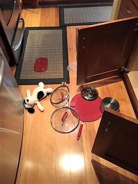 Pot lids, a trivet, a saucepan, and a stuffed rabbit pulled out of an open kitchen cabinet and spread across the floor