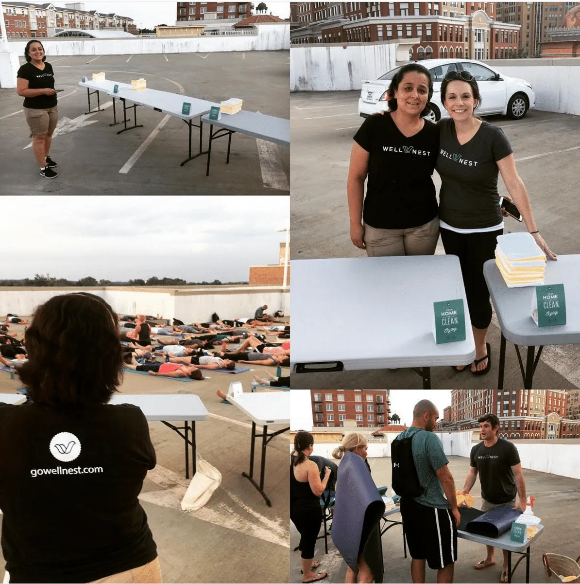 Photo collage from a WellNest-sponsored rooftop yoga event: staff in WellNest shirts setting up a table of giveaways while a class stretches out on mats behind them